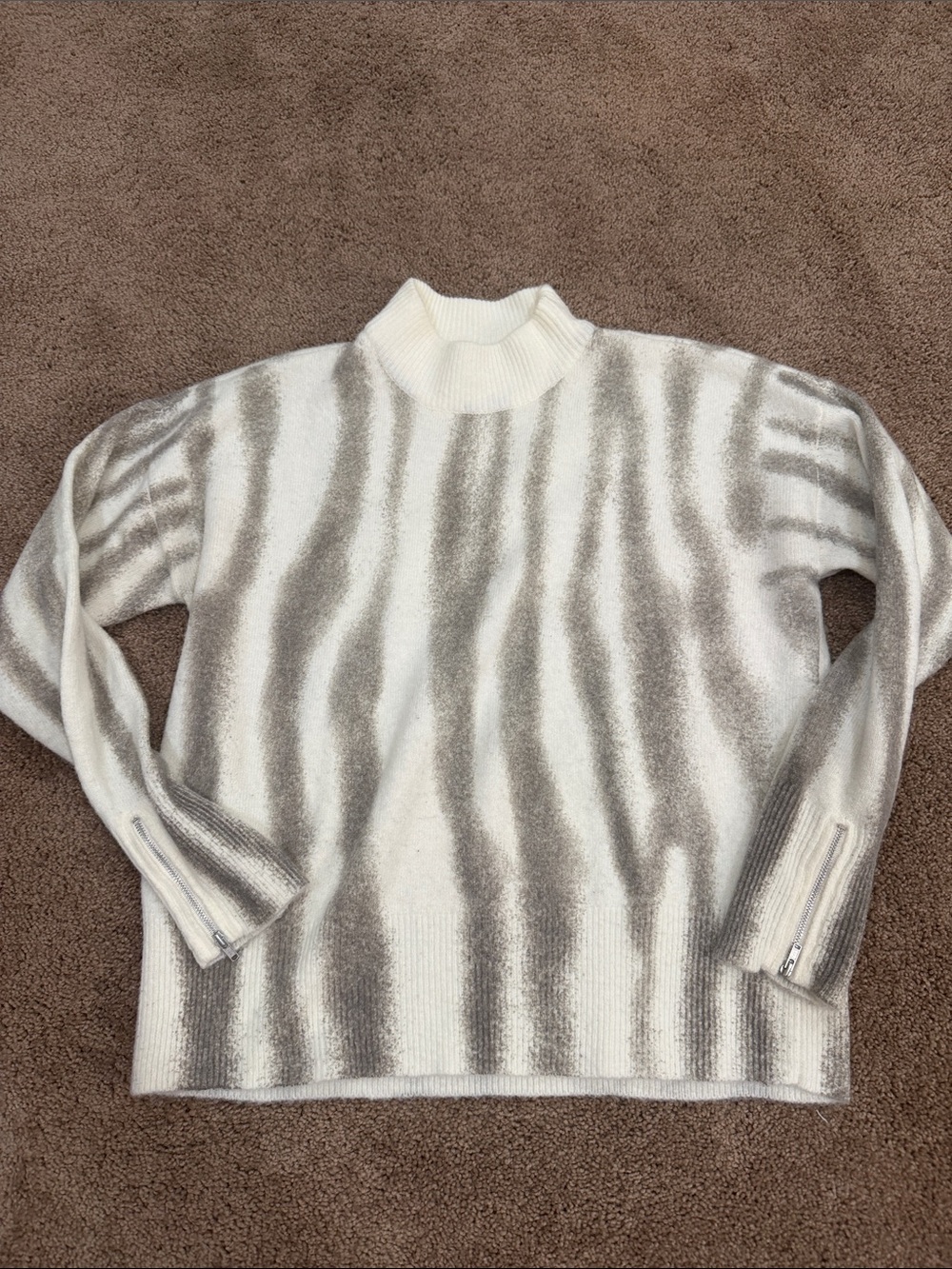 CHARLIE B Cream and Gray Striped Mock Neck Sweater